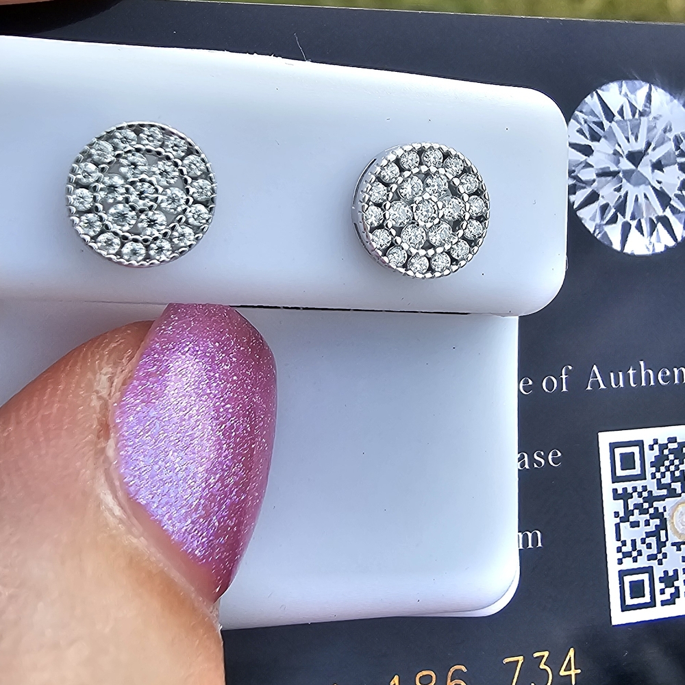 Round Pavé Moissainite Stud Earrings - Silver Tone